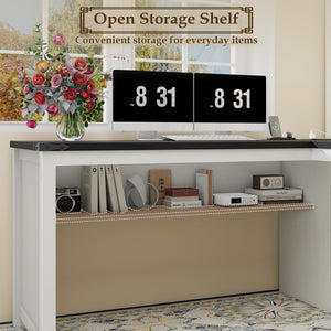 L-Shaped Executive Desk with Drawers, Power Outlets & Storage Shelf