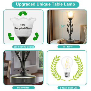 Dimmable Touch Table Lamps Set of 2 with USB Port & Glass Flower Shade
