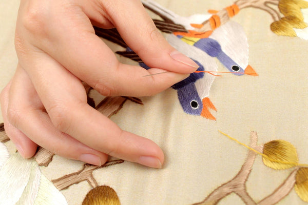 Handmade Silk Embroidery Framed Wall Art – Red Crowned Cranes & Cherry Blossoms