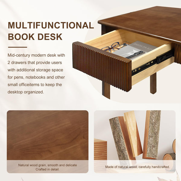 Mid-Century Modern Solid Wood Writing Desk with 2 Drawers