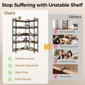 5-Tier L-Shaped Corner Bookshelf with Metal Frame