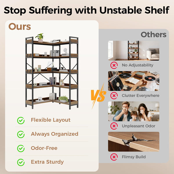 5-Tier L-Shaped Corner Bookshelf with Metal Frame