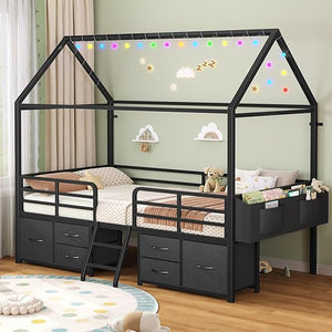 Twin House Bed Frame with Storage Drawers & LED String Lights