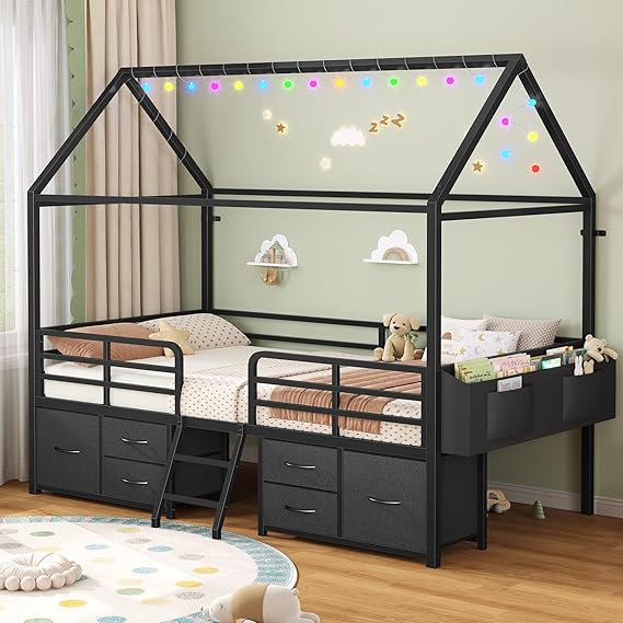 Twin House Bed Frame with Storage Drawers & LED String Lights