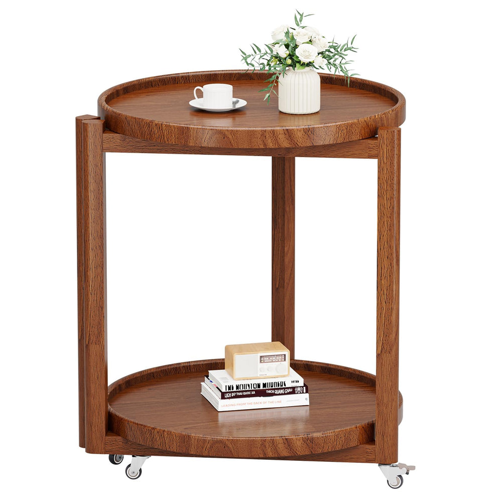 Round Side Table with Wheels & Storage Shelf