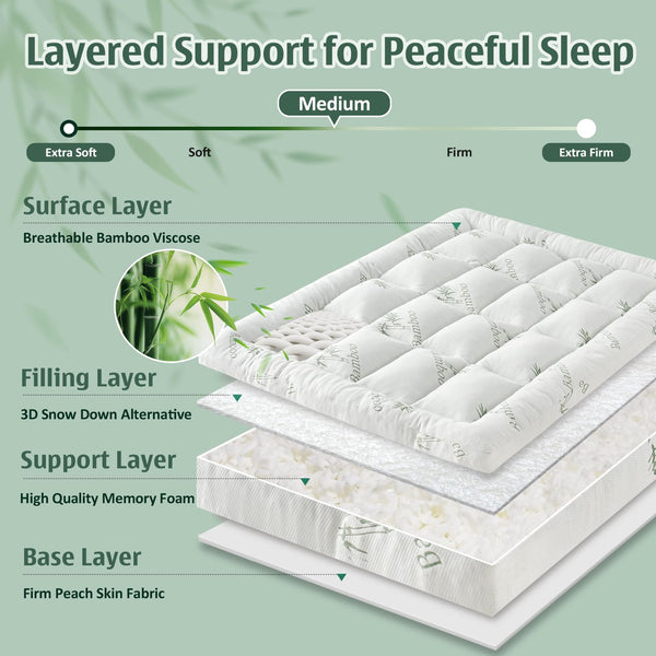 3 Inch Cooling Mattress Topper with Bamboo Viscose Cover & Memory Foam Fill