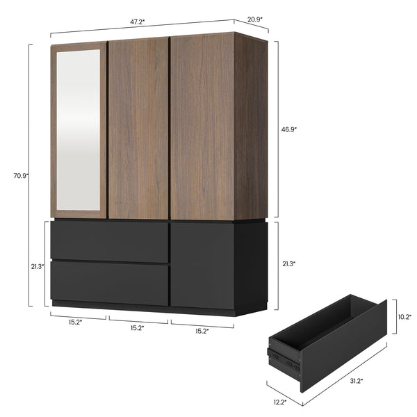 3-Door Wardrobe Armoire with Mirror & Drawers