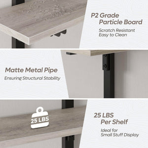 3-Tier Foldable Wall Mounted Floating Shelf with Industrial Metal Brackets
