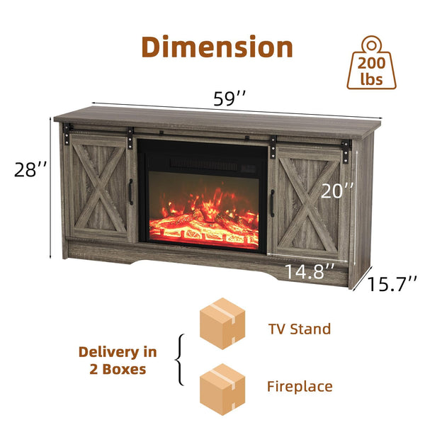 Farmhouse Fireplace TV Stand with Sliding Barn Door for 65" TVs