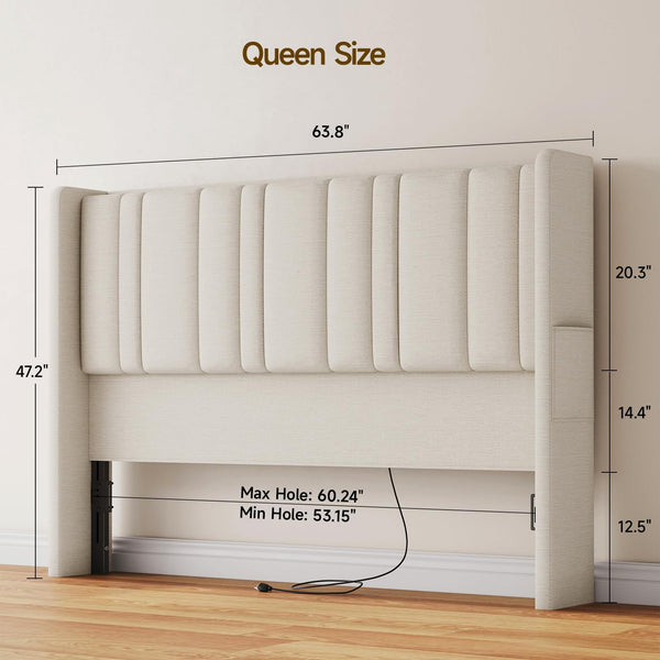 Queen Size Wingback Headboard with LED Light, Storage & Charging Station