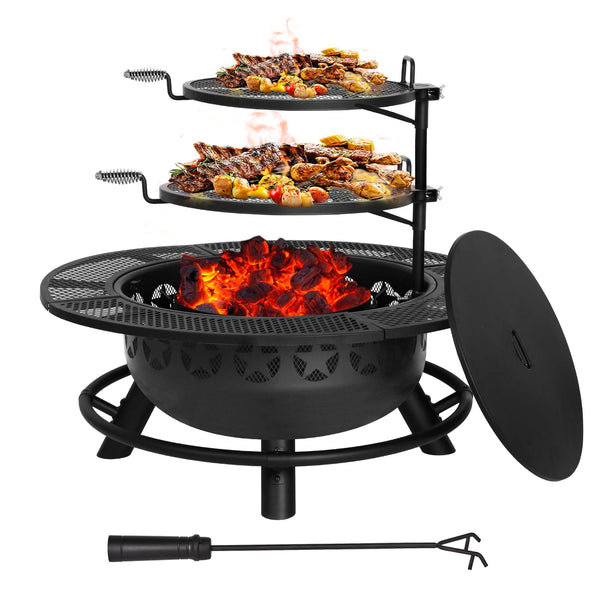 35 Inch Outdoor Wood Burning Fire Pit with Cooking Grate & Cover Lid