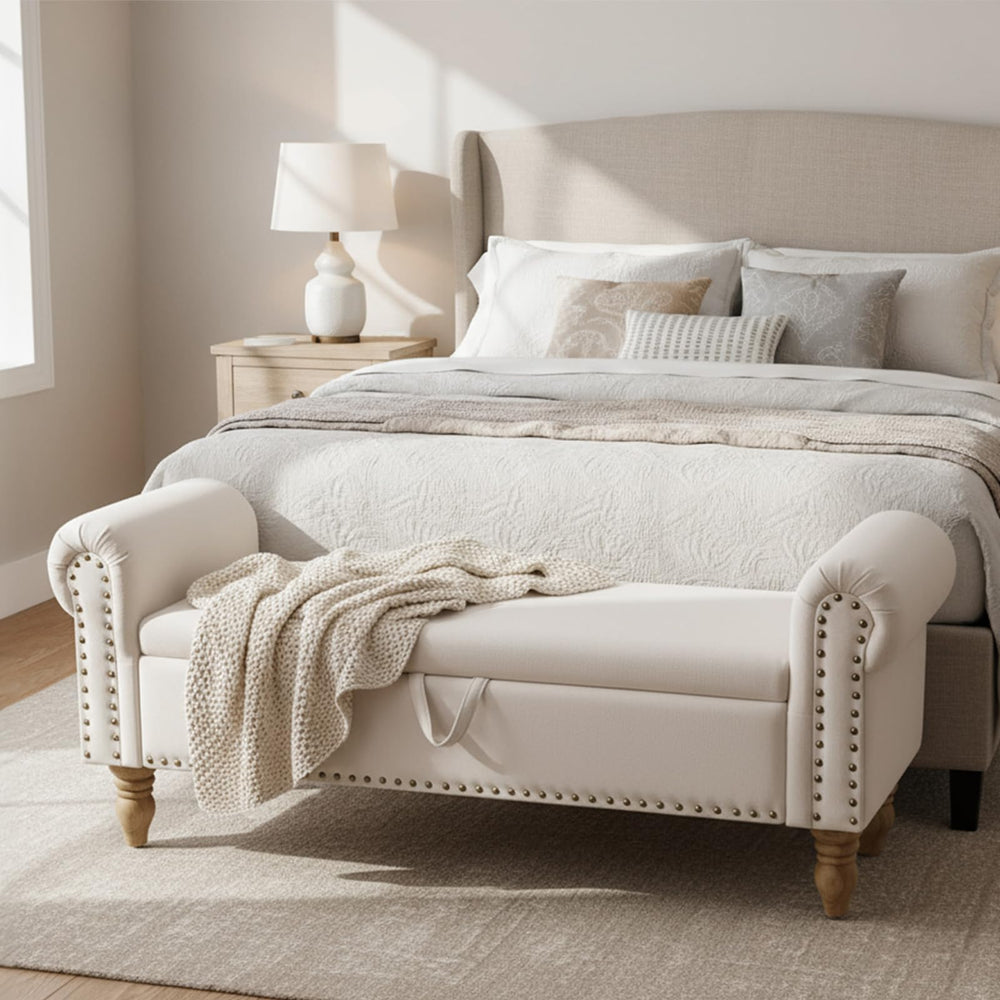 Upholstered Storage Bench with Rolled Arms – 51.5"