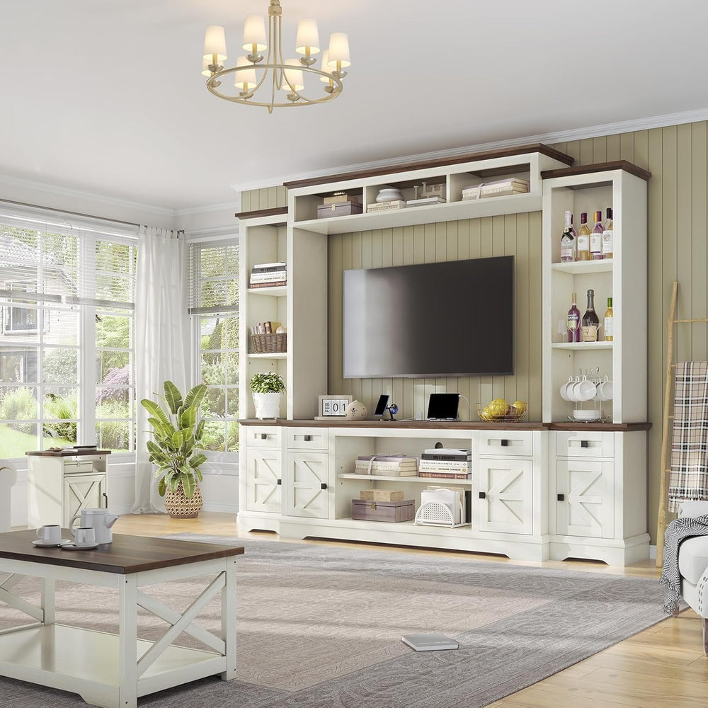 98" Farmhouse Wall Unit Entertainment Center with Barn Doors & Power Outlets