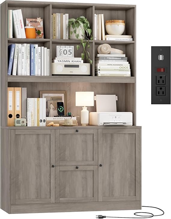72-Inch Tall Bookcase with Power Outlet, File Drawers & Cabinet Doors