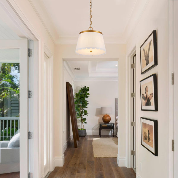 Cream White Fabric Drum Pendant Light – 3-Light Chandelier with Antique Brass Finish