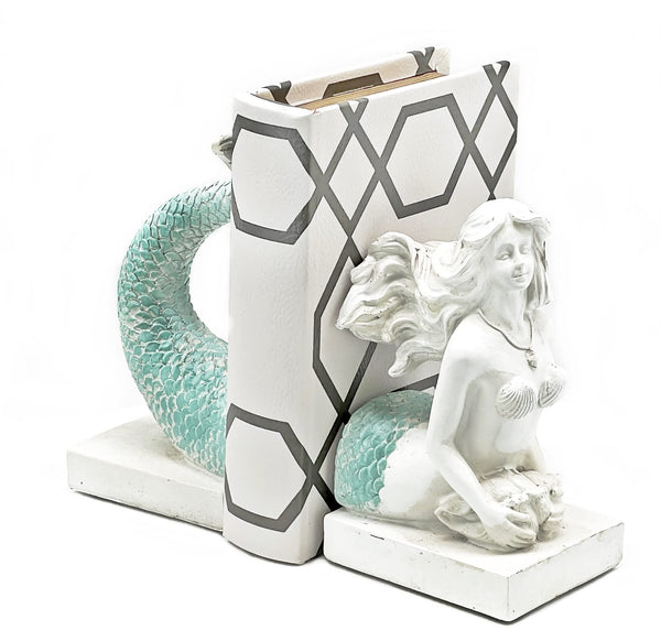 Mermaid Bookends Antique White Shelf Decor 9 Inch