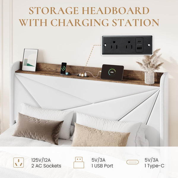 Velvet Storage Bed Frame with Charging Ports