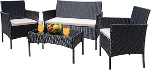 4-Piece Outdoor Wicker Patio Conversation Set with Cushions & Glass Table