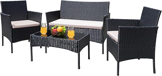 4-Piece Outdoor Wicker Patio Conversation Set with Cushions & Glass Table