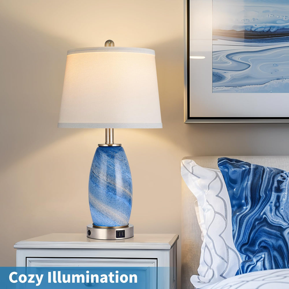 Blue Glass Table Lamps Set of 2 with USB Charging & 3-Way Lighting