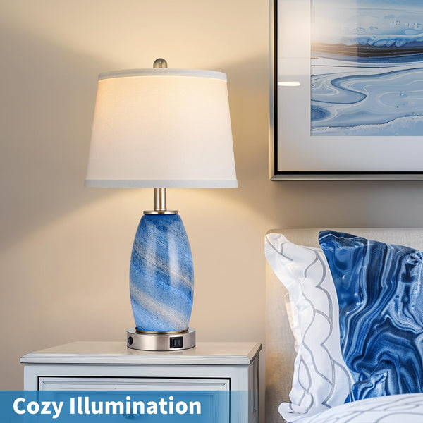 Blue Glass Table Lamps Set of 2 with USB Charging & 3-Way Lighting