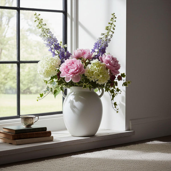 Matte White Ceramic Pitcher Vase with Handles