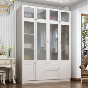 Wide Wardrobe Armoire with Frosted Glass Doors, Hanging Rods & Drawers