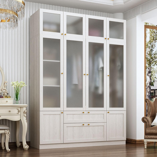 Wide Wardrobe Armoire with Frosted Glass Doors, Hanging Rods & Drawers