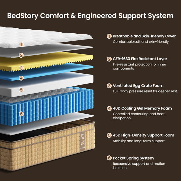 Queen Hybrid Mattress 14 Inch – Pocketed Coil, Cooling Gel, Lumbar Support
