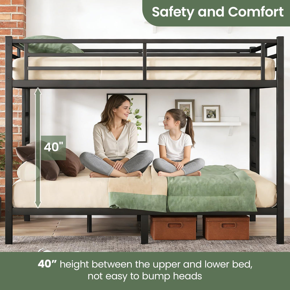 Queen Over Queen Bunk Bed – Heavy Duty Metal Frame with Guardrails & Ladders