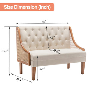 Mid-Century Modern Settee Loveseat with Rattan Arms & Tufted Linen Back