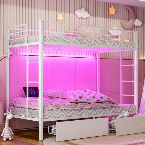 Twin XL Over Twin XL Metal Bunk Bed with LED Lights & Storage Drawers