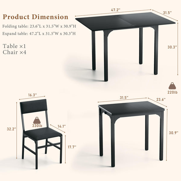 Extendable Dining Table Set for 4 with Upholstered Chairs