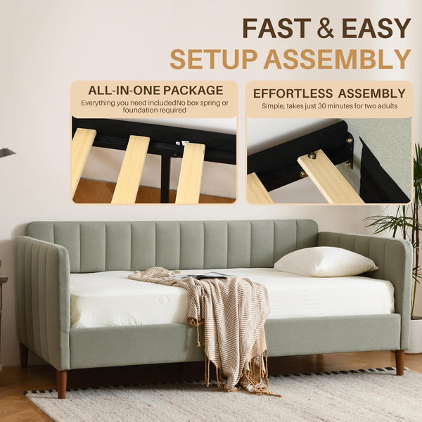 Twin Size Upholstered Daybed with Adjustable Backrest & Wood Slat Support