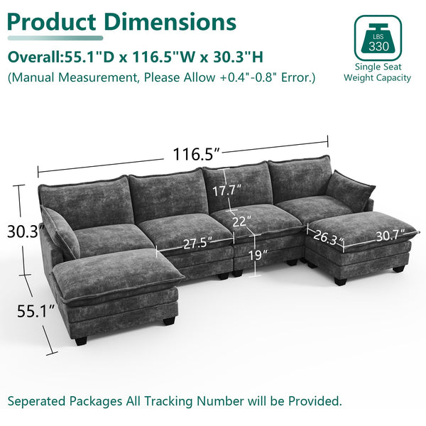 Modular U-Shaped Sectional Sofa with Movable Ottoman