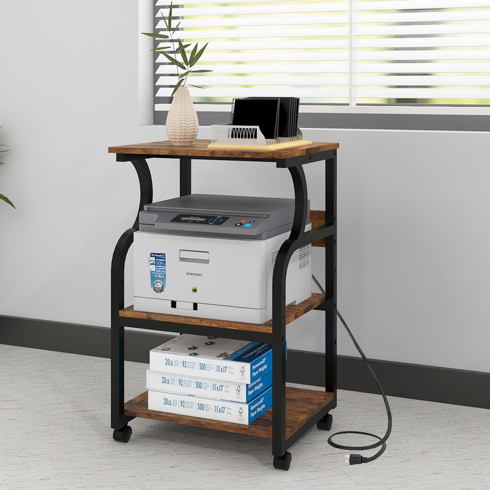 3-Tier Rolling Printer Stand with Adjustable Shelf and Power Outlets