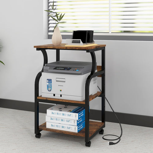 3-Tier Rolling Printer Stand with Adjustable Shelf and Power Outlets