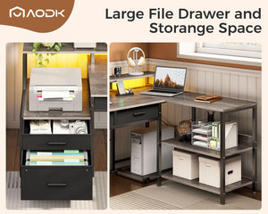 L-Shaped Desk with File Drawers, LED Lighting & Power Outlet