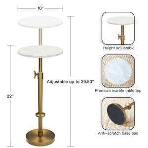 Adjustable Height Marble Round Side Table with Pedestal Base
