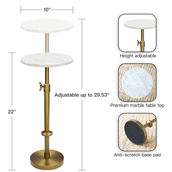 Adjustable Height Marble Round Side Table with Pedestal Base