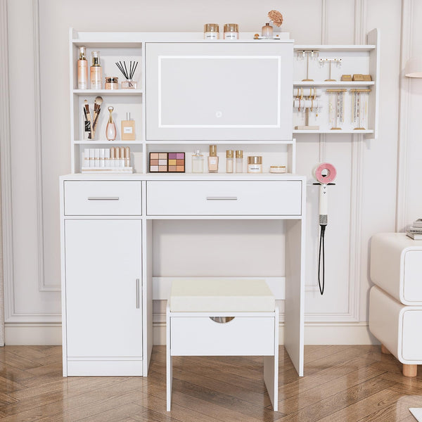 LED Vanity Desk with Mirror, Lights & Storage