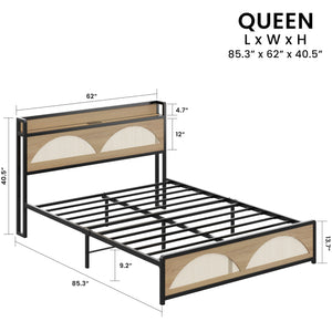 Rattan Queen Bed Frame with LED Lights & Charging Station