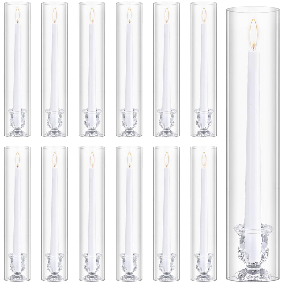 Glass Hurricane Candle Holder Set with Taper Candlesticks & White Candles (12 Set)