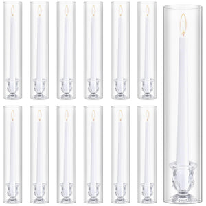 Glass Hurricane Candle Holder Set with Taper Candlesticks & White Candles (12 Set)