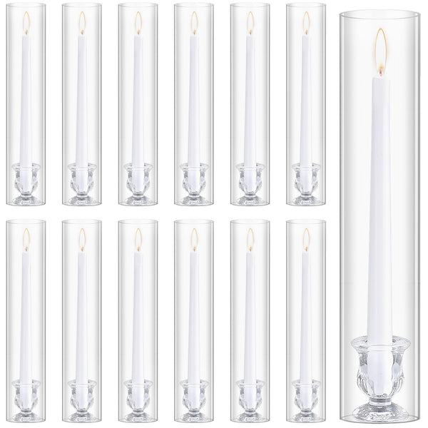 Glass Hurricane Candle Holder Set with Taper Candlesticks & White Candles (12 Set)