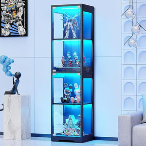 Glass Display Cabinet 4-Tier with LED Lights & Motion Sensor