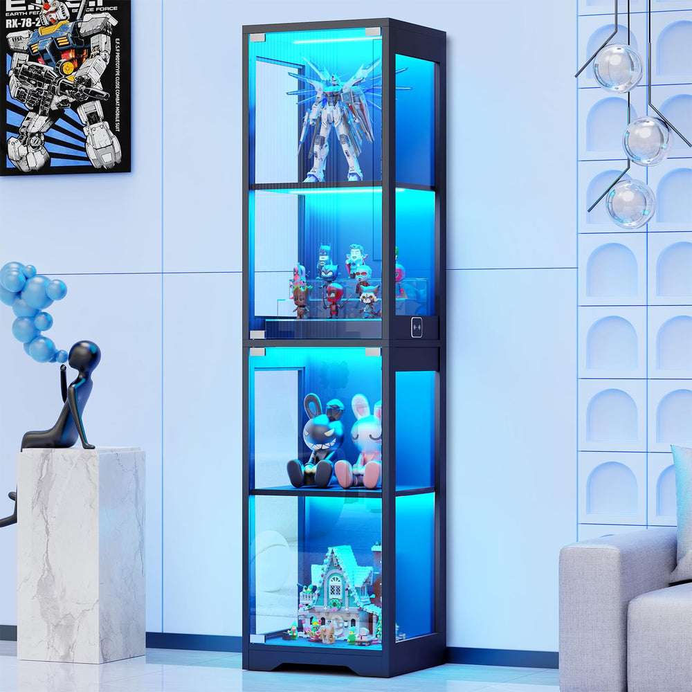 Glass Display Cabinet 4-Tier with LED Lights & Motion Sensor