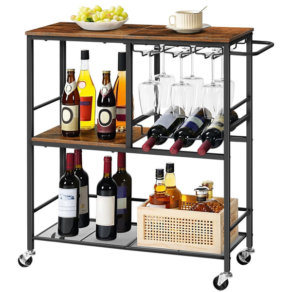 3-Tier Bar Cart with Wine Rack & Glass Holder