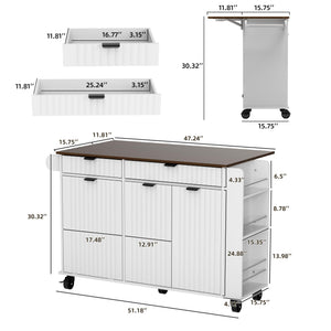 Rolling Kitchen Island with Wavy Door & Drop-Leaf Countertop