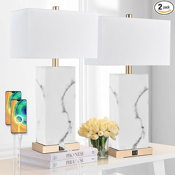 24" Black Touch Table Lamp Set of 2 with USB Ports & 3-Way Dimmable